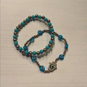 Silver and Blue Beaded Hamsa Bracelet Set - (2 Bracelets) - NEW